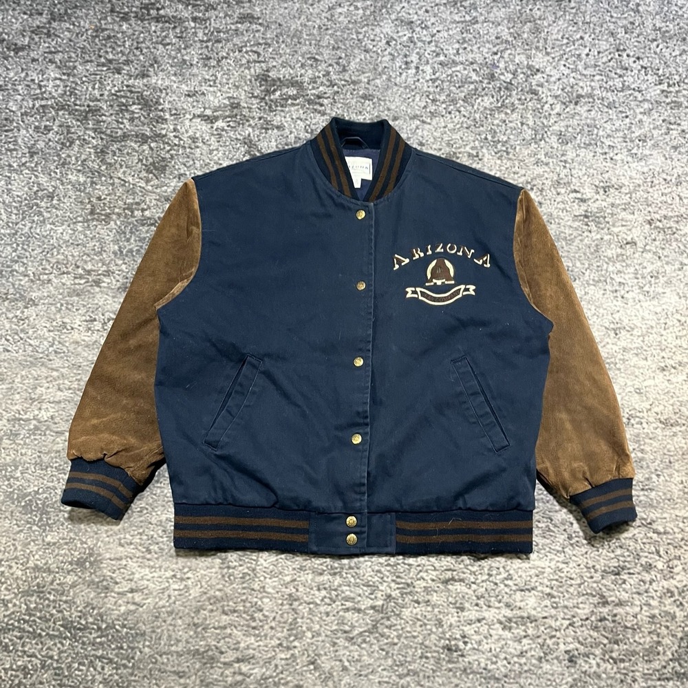 VTG‎ Arizona Jean Co. Varsity Jacket Mens Medium Blue Brown Suede Sleeves Bomber